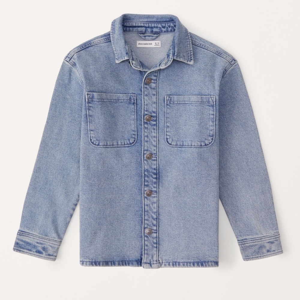 Abercrmbie Kids Boys Denim Overshirt Oversized Jacket Shirt Back Embroidery 7 8